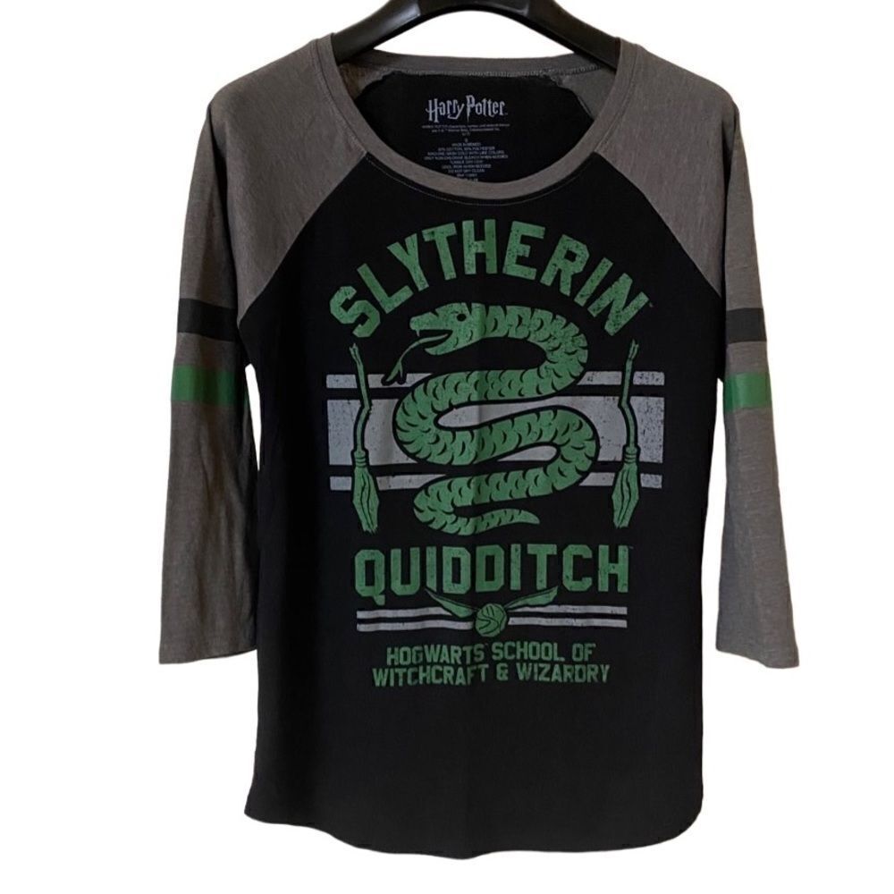 Harry Potter Women’s Black|Gray Slytherin Graphic Raglan Shirt Sz S